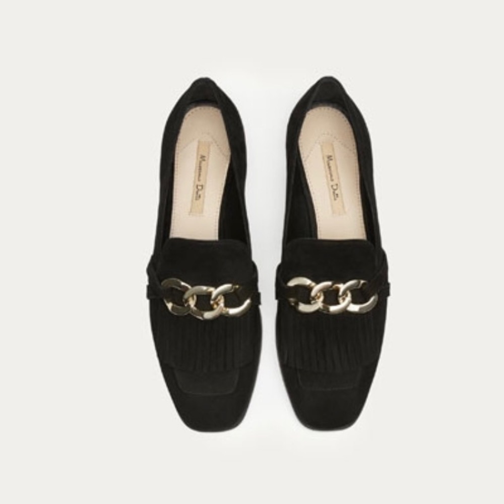 Massimo Dutti Black Suede Fringe Loafers with Gold Chain | 7.5
